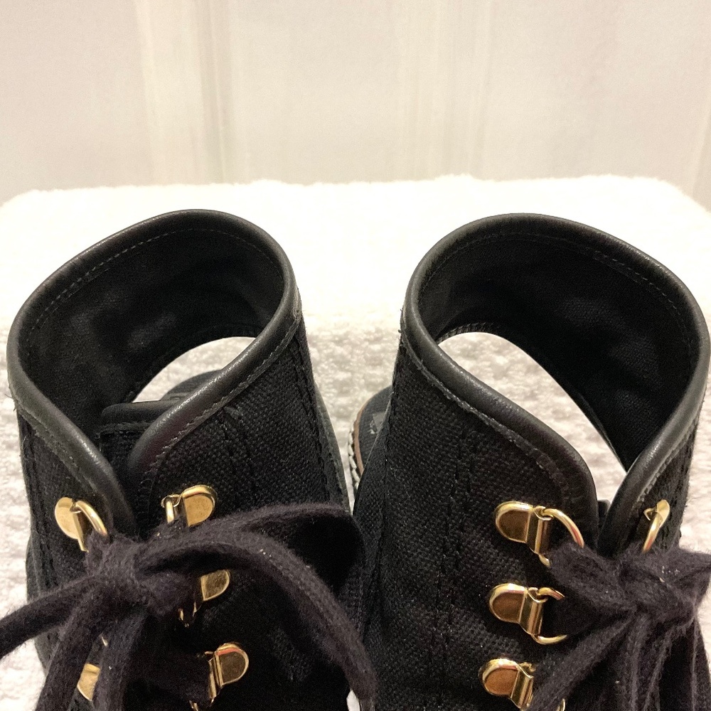 TORY BURCH Black and gold Canvas Espadrille Wedge Heel Platform Lace Up Size 7B - Picture 10 of 16